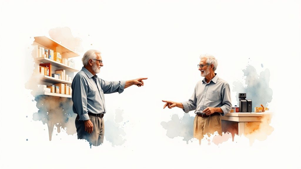 Two elderly men pointing at each other in a pharmacy consultation discussion