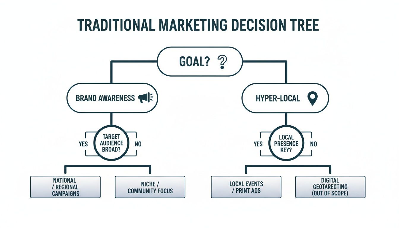 A flowchart illustrating a traditional marketing decision tree, guiding strategy based on goals and audience.