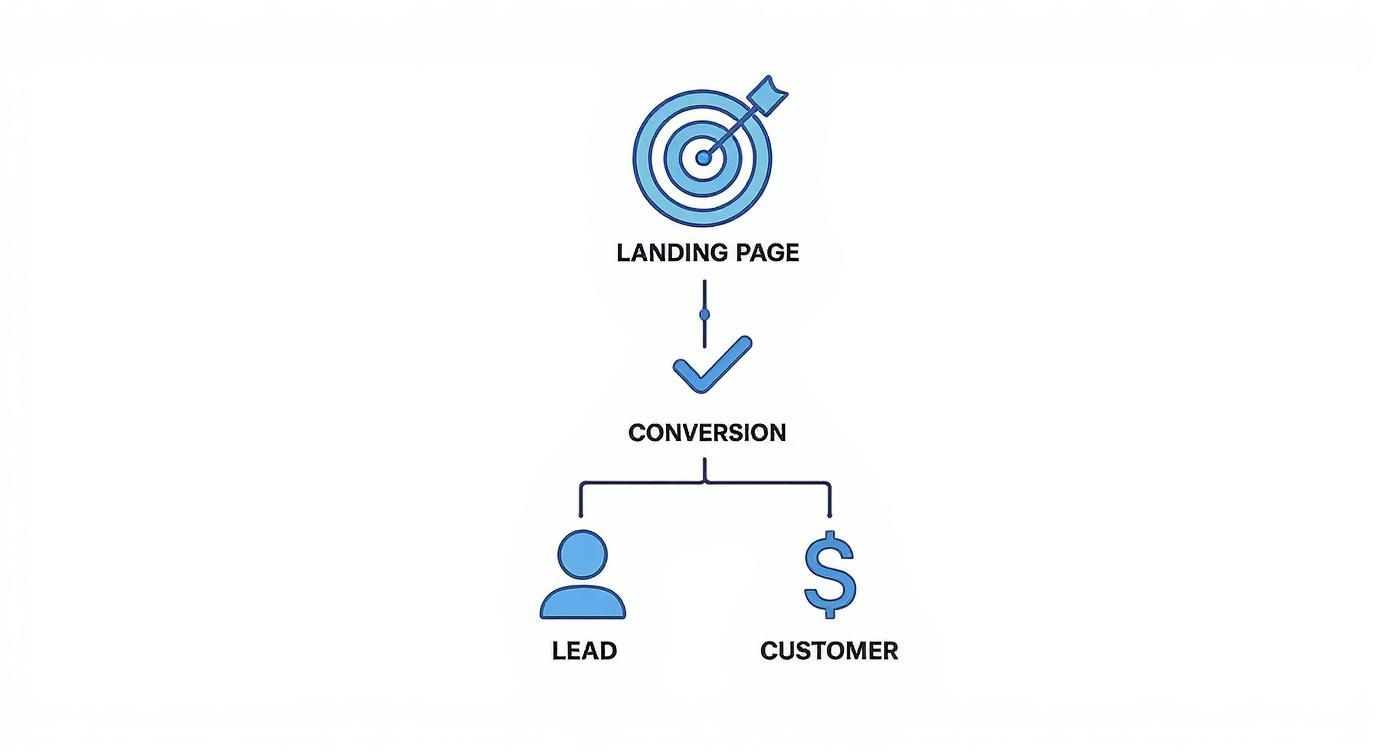Landing page conversion funnel diagram showing customer journey from target to lead and customer