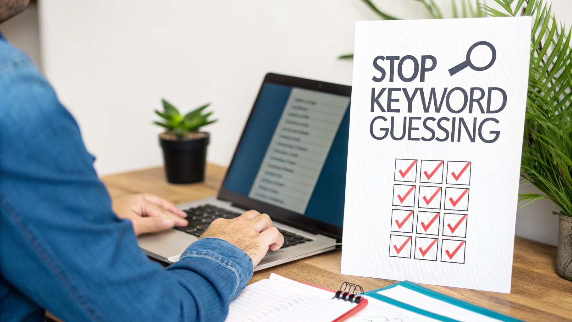 A person works on a laptop next to a sign promoting effective keyword research for SEO.