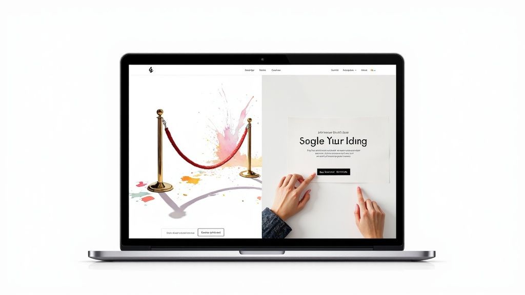 Laptop displaying modern landing page website with split screen design and call-to-action buttons