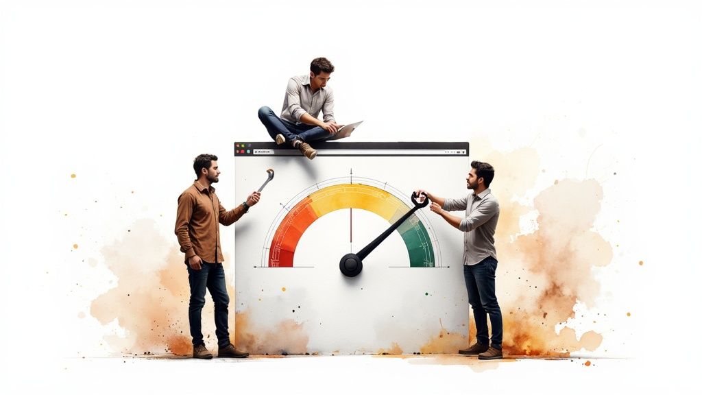A team of three men collaborate to optimize website performance, adjusting a speed gauge in a browser window.