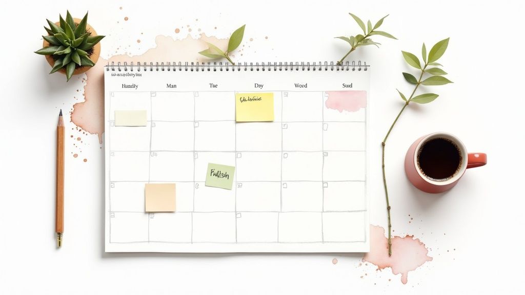 A person at a desk with a laptop and a large wall calendar, planning their content schedule.