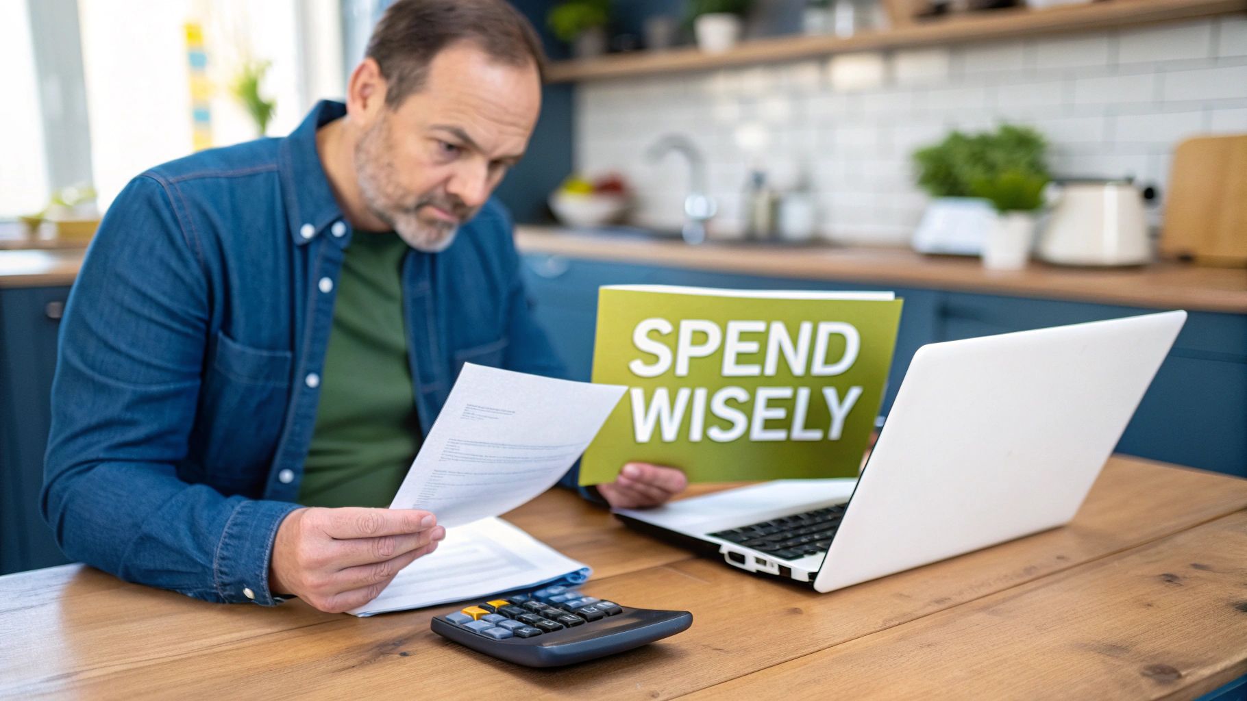 Man reviewing bills and finances at a table with a laptop and a "SPEND WISELY" folder.