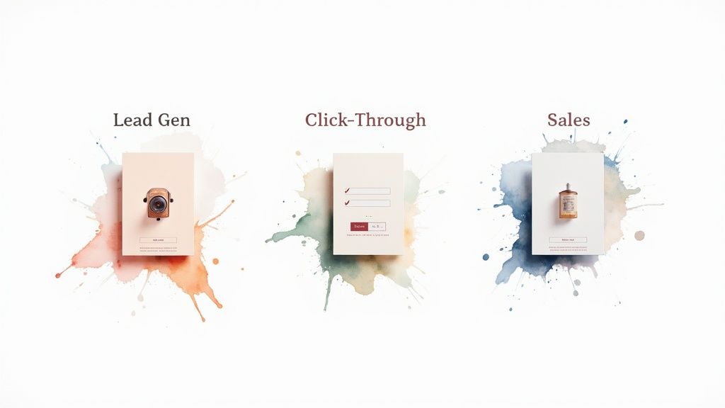 Three illustrated cards showing sales funnel stages: lead generation, click-through, and sales conversion process