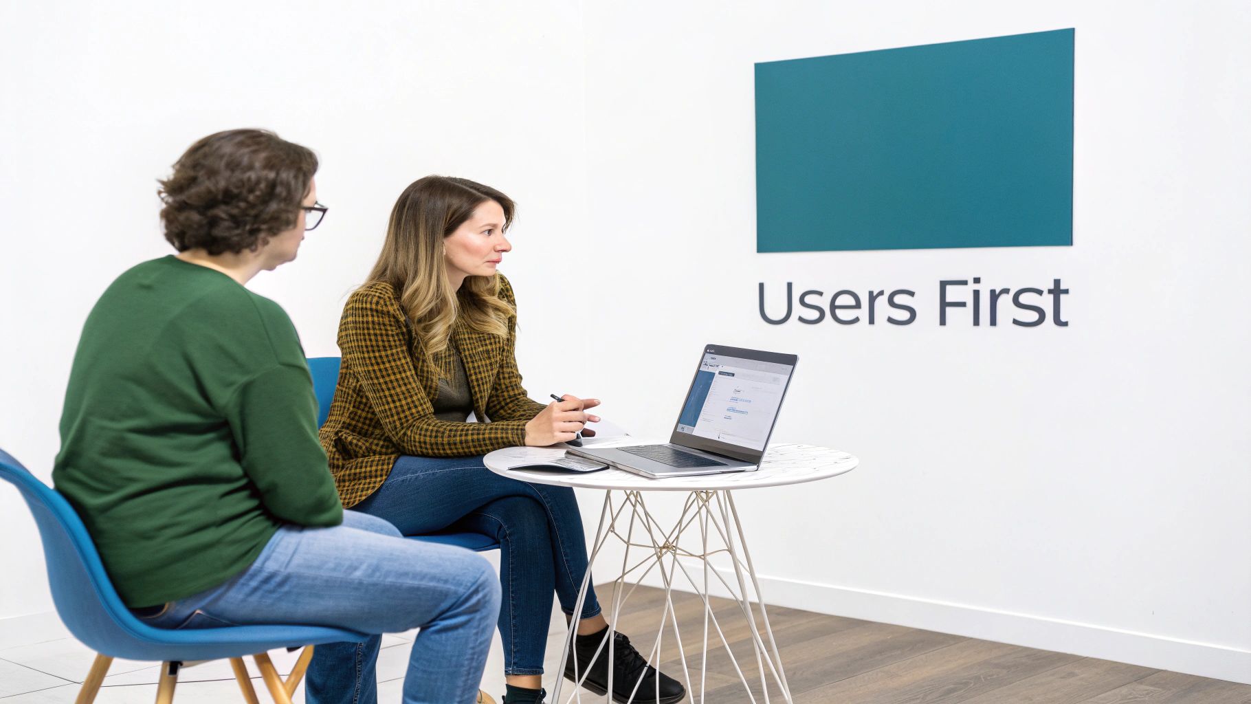 Your Website Shouldn't Feel Like a Puzzle Box from Hell 1 Two professionals in a modern office, one using a laptop, discussing user experience design.