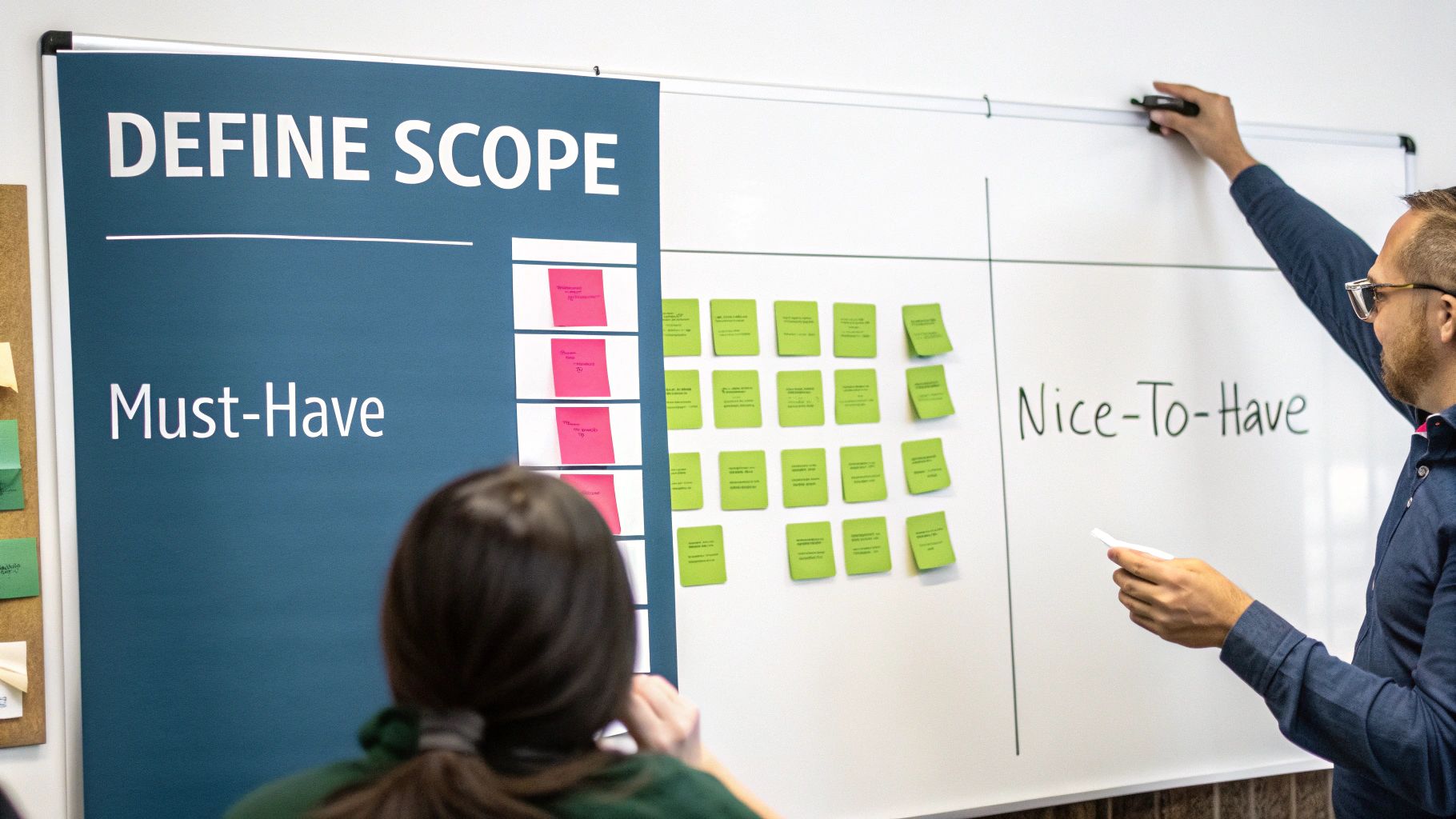 A team collaborating to define project scope with sticky notes on a whiteboard.