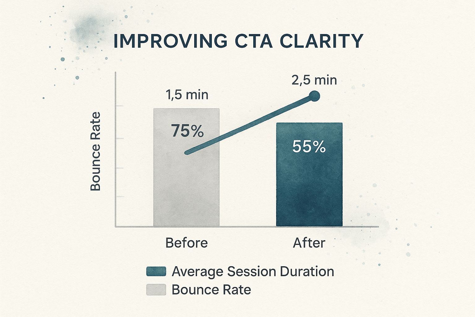 Infographic showing that improving CTA clarity reduced bounce rate from 75% to 55% and increased average session duration from 1.5 to 2.5 minutes.