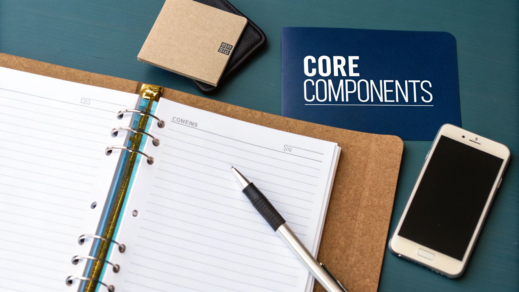 A flat lay of a blue desk with a blue notebook, open planner, pen, smartphone, and notepads.