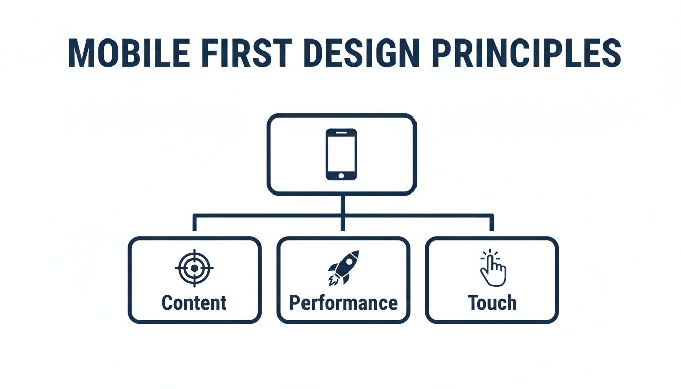 Diagram illustrating mobile first design principles, including Content, Performance, and Touch, with relevant icons.