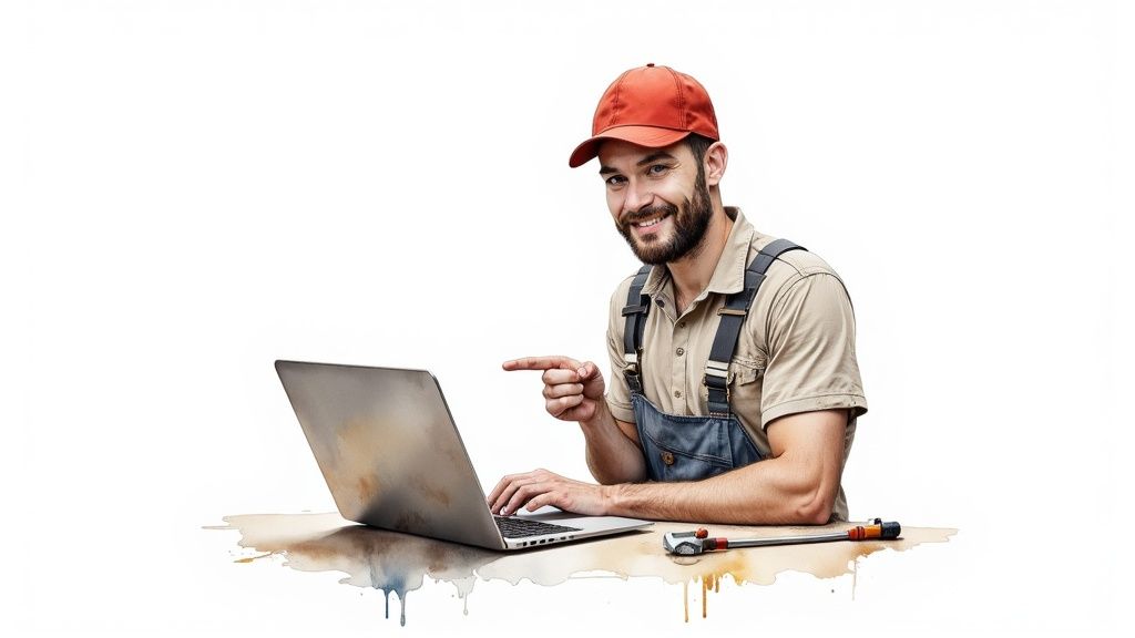 Happy contractor in orange cap using laptop to manage website and online presence