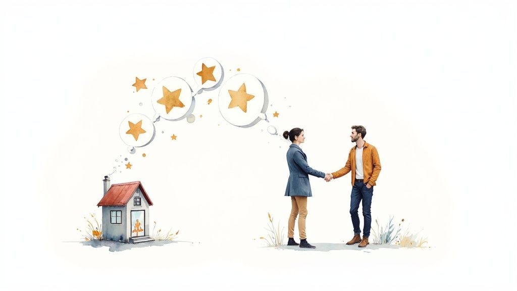 Two business professionals shaking hands with five-star rating icons and small house illustration representing successful online visibility