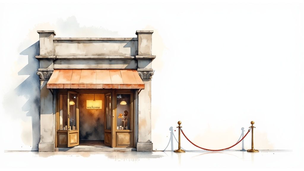 Elegant boutique storefront with orange awning, glass doors, and velvet rope entrance barrier