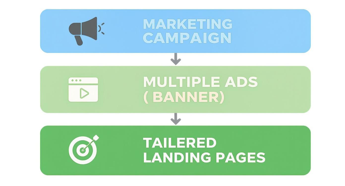 Marketing campaign flowchart showing progression from ads to multiple banners to tailored landing pages