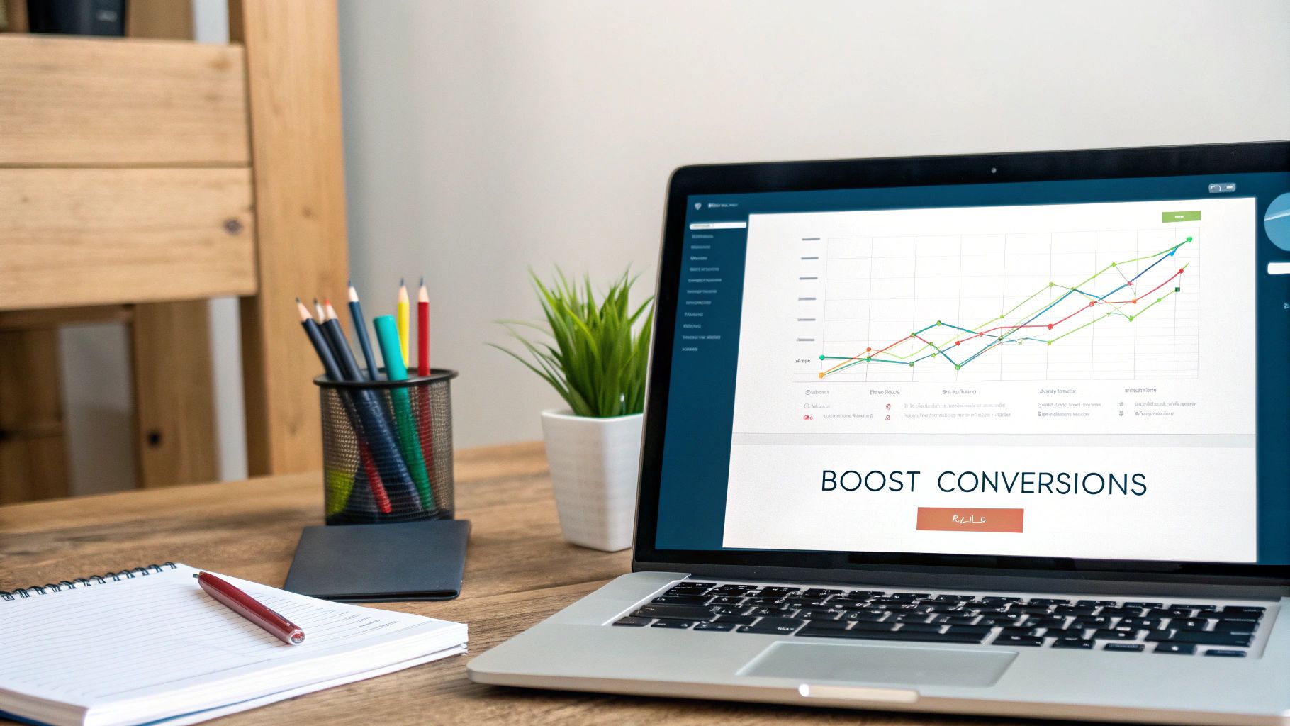 Your Website Shouldn't Feel Like a Puzzle Box from Hell 4 A laptop displays a "Boost Conversions" graph on a desk with a notebook, pen, and pencils.