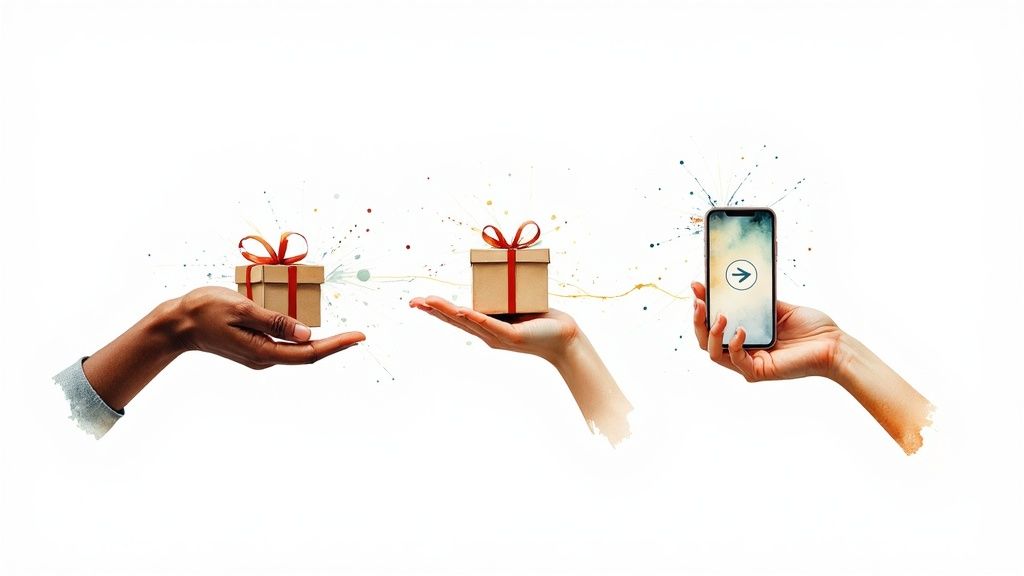 10 Startup Marketing Strategies That Won’t Make You Go Broke 3 Hands passing gift boxes and a smartphone with an arrow, symbolizing digital exchange.
