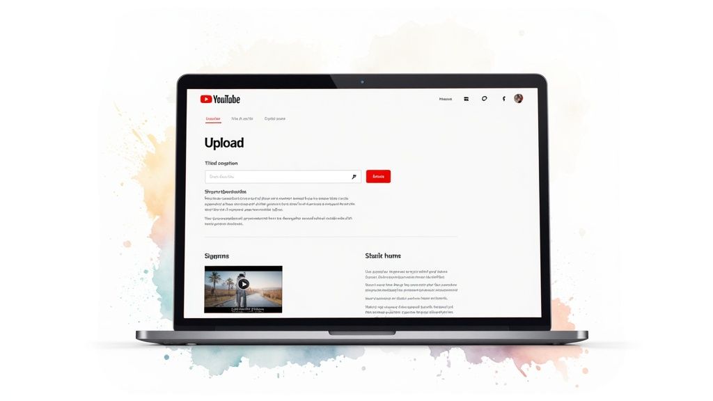 A person at a desk with a laptop, optimizing a YouTube video's metadata on the screen.