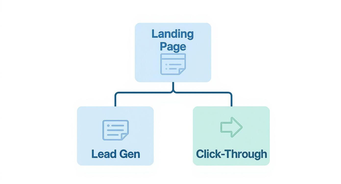 Flowchart diagram showing landing page connecting to lead generation and click-through conversion paths