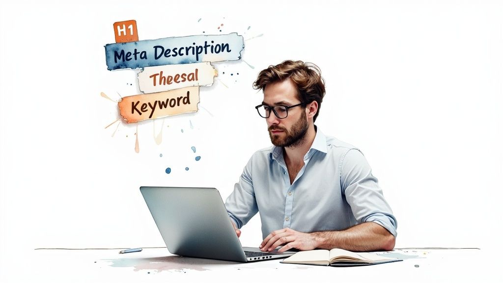 A person writing at a desk, surrounded by icons representing content creation and SEO elements like keywords and title tags, showing the connection between content and search engine optimization.