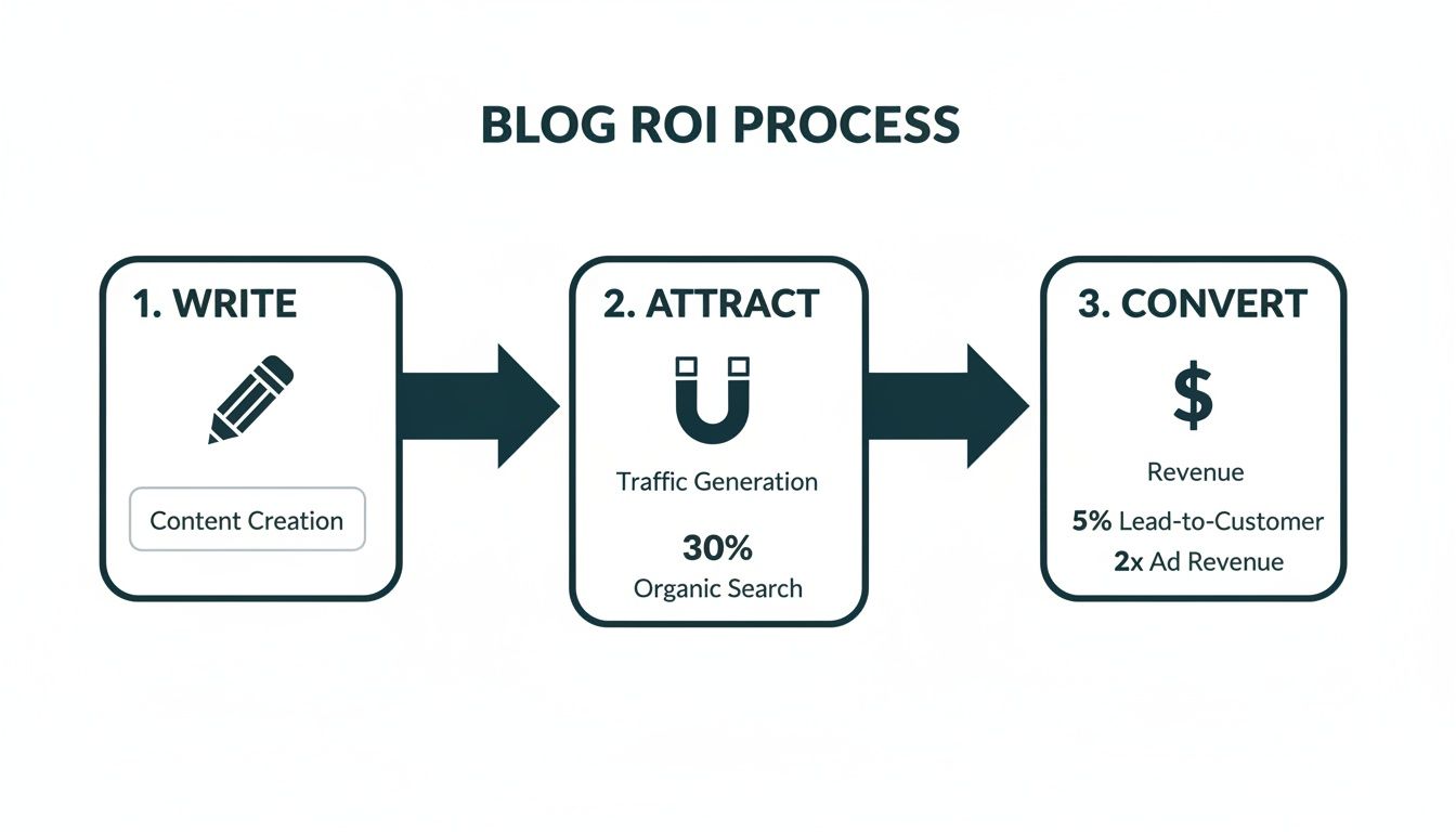 A blog ROI process diagram illustrating content creation, traffic generation, and revenue conversion steps.