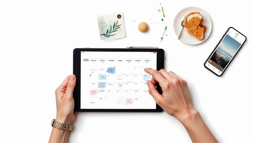 A person sending an email newsletter from their laptop, with happy customer icons around them.
