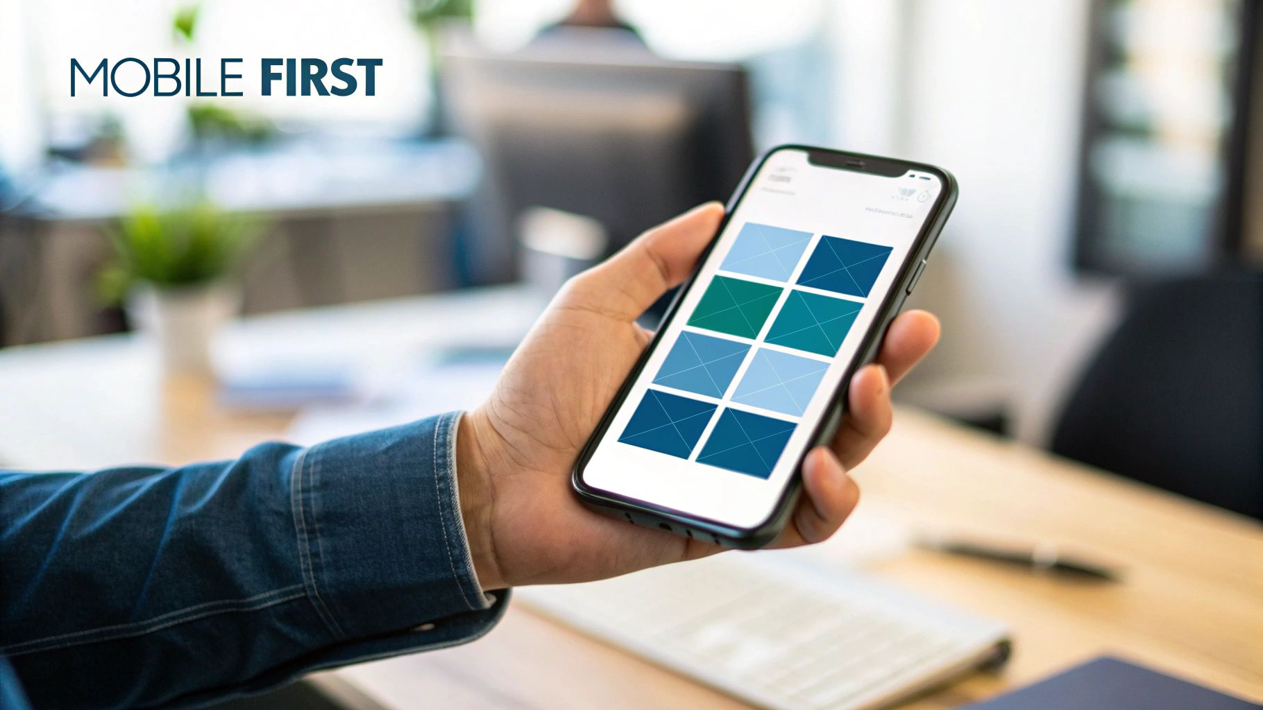 Your Website Shouldn't Feel Like a Puzzle Box from Hell 2 A hand holding a smartphone with a mobile-first interface design, showing a grid of colored tiles in an office.