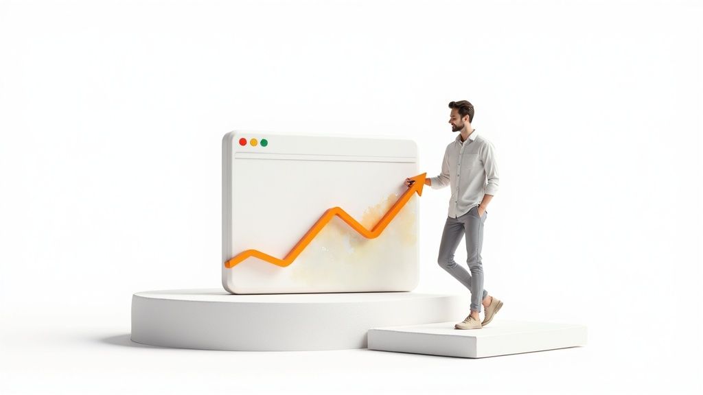 Business professional holding upward trending growth arrow on analytics dashboard display