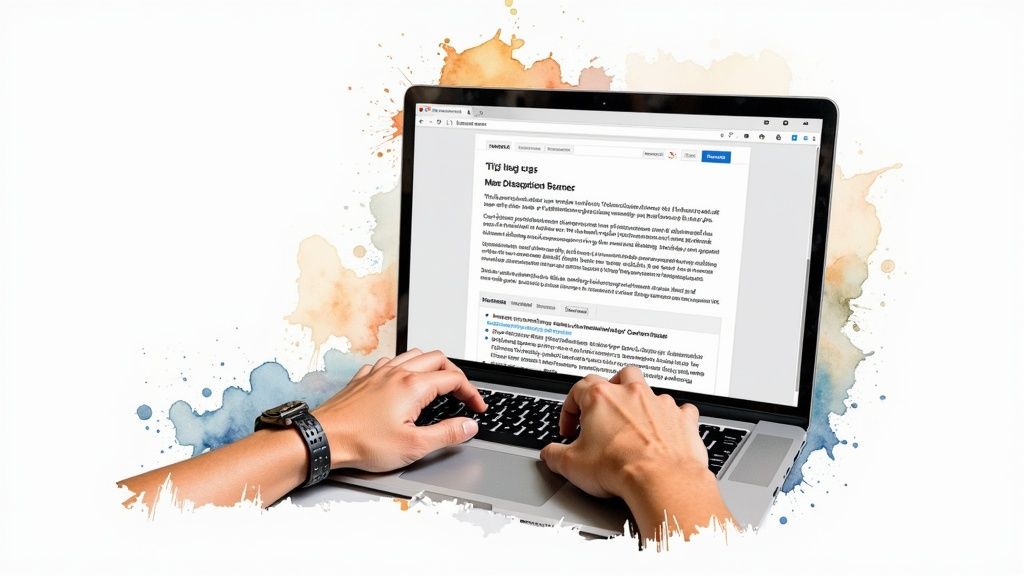 A person writing in a notebook with a laptop and coffee nearby, symbolizing content creation.