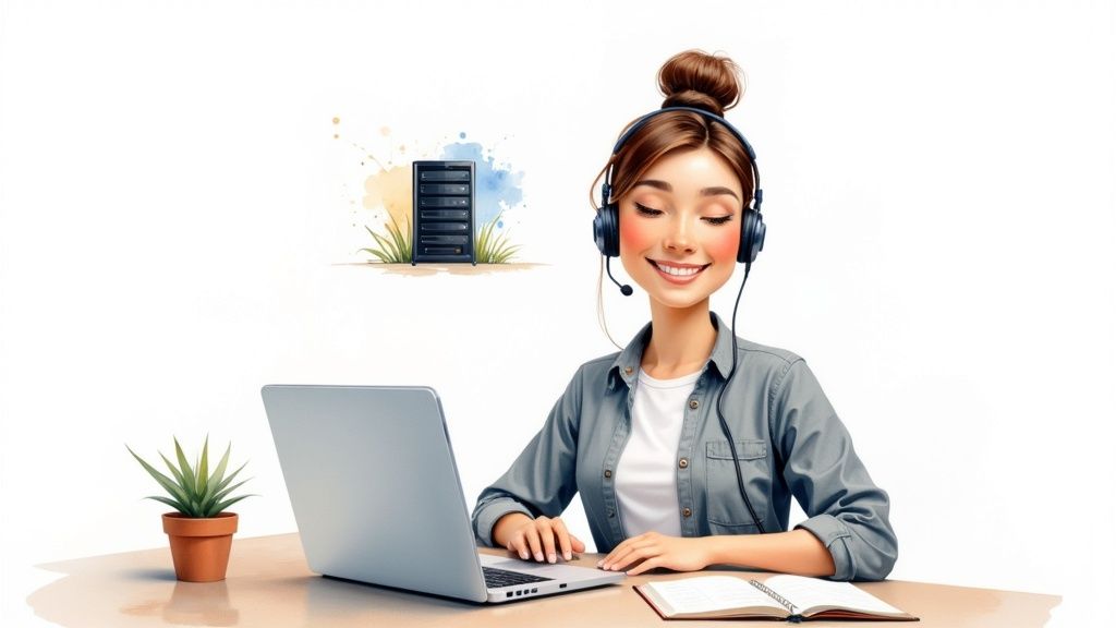 Smiling woman with headset and laptop works at desk, with a server in the background.