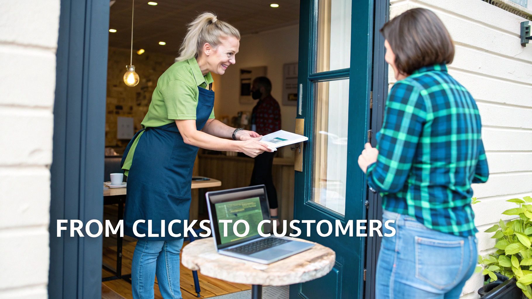 A smiling shop owner in an apron hands a document to a customer at a cafe doorway, with a laptop on a table.