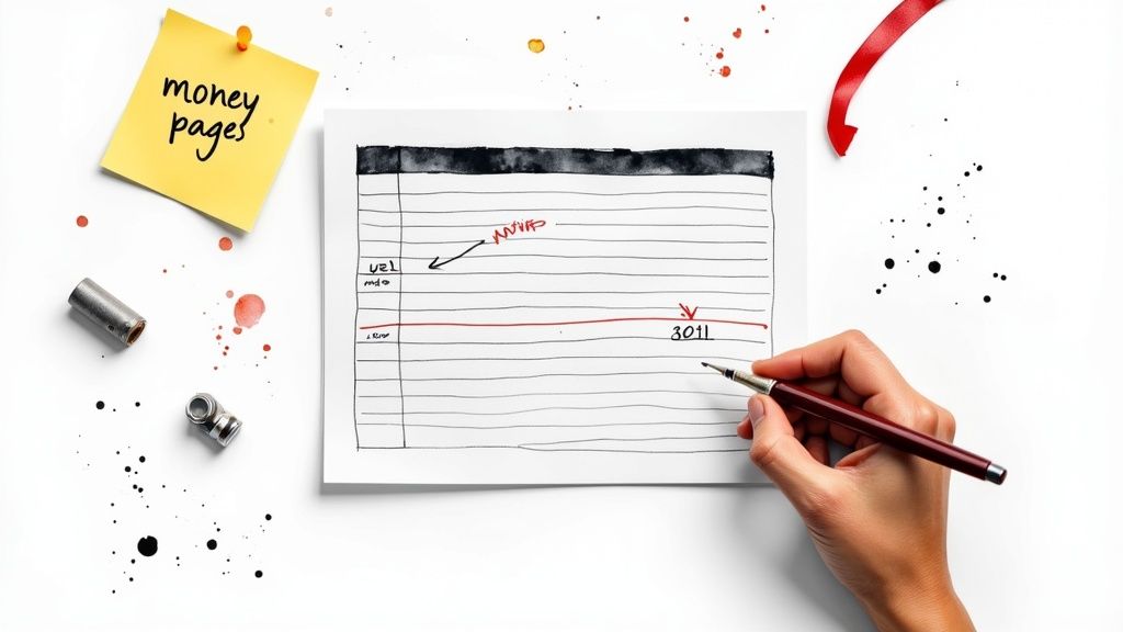 A hand writes notes like "MVP" and "3011" on a financial planning page with a "money pages" sticky note.