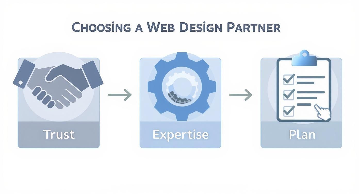 Flowchart illustrating key steps for choosing a web design partner: Trust, Expertise, and Plan.