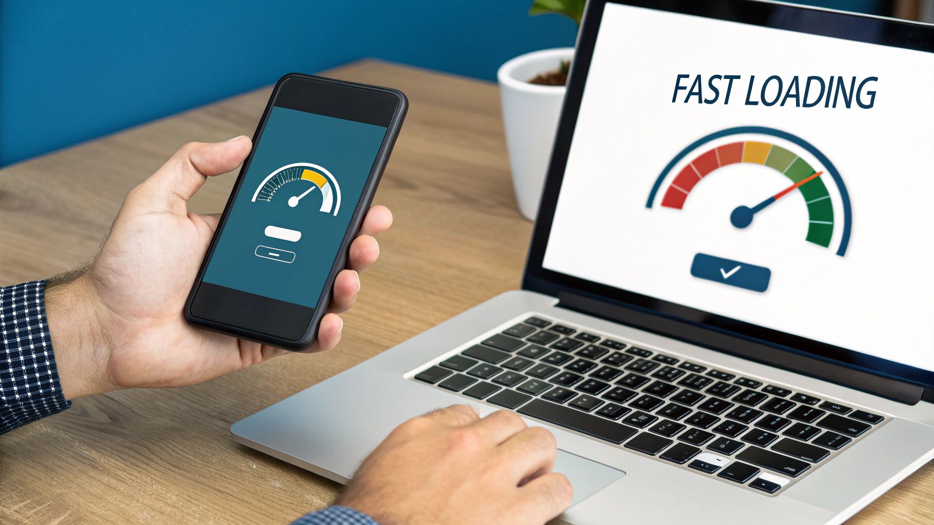 A person checking their website's speed on a laptop and a mobile phone.