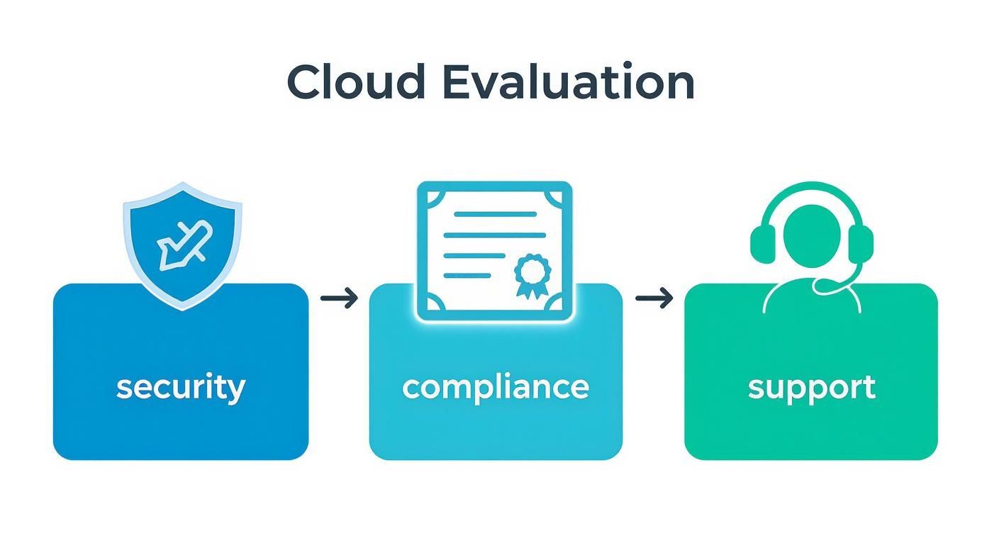 An infographic showing a three-step process for cloud provider evaluation, starting with a shield icon for Security, followed by a certificate icon for Compliance, and ending with a headset icon for Support.