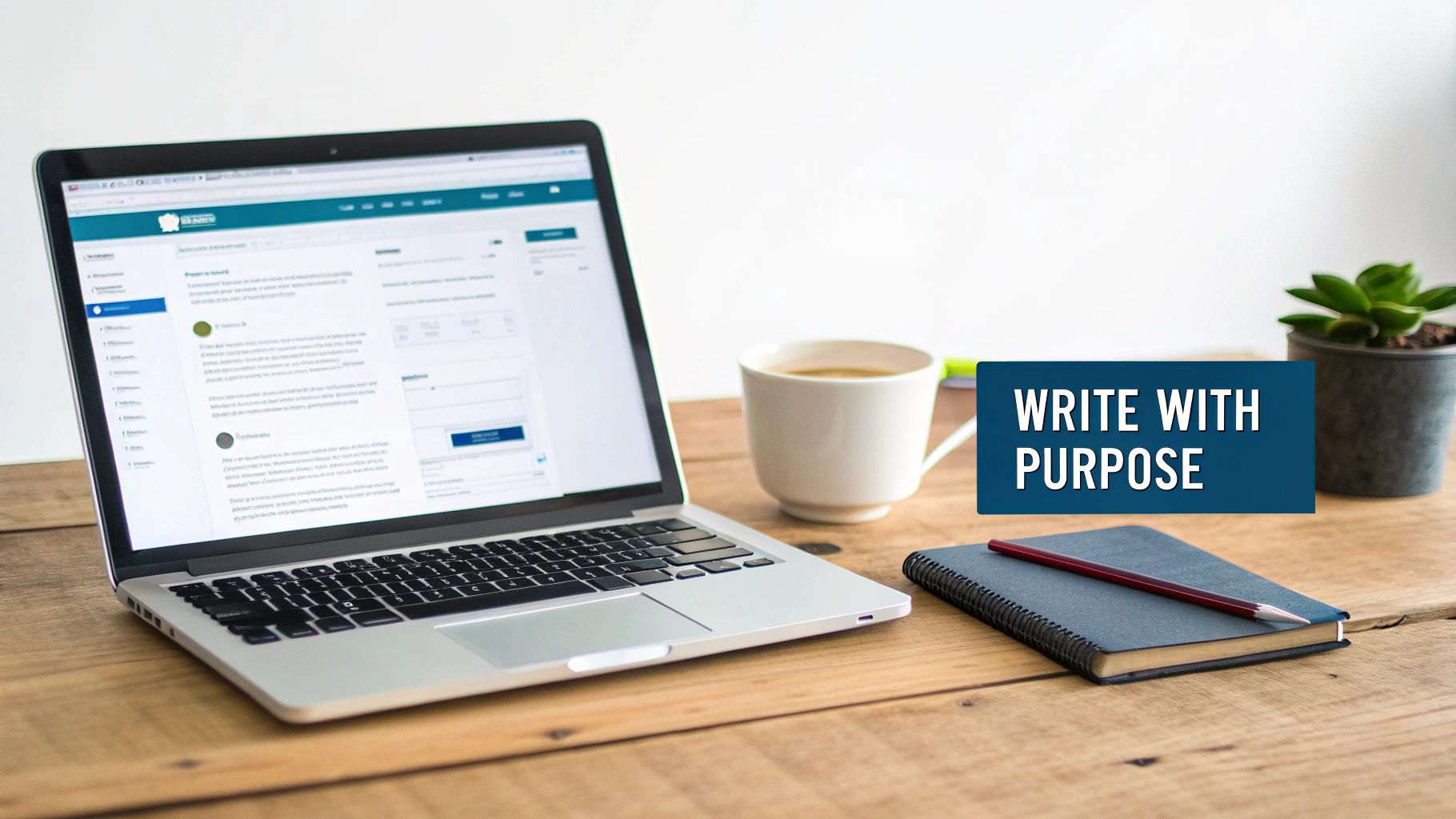 A laptop, coffee, notebook, and a plant on a wooden desk with 'WRITE WITH PURPOSE' text.