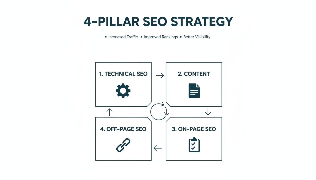 A visual diagram illustrating a 4-pillar SEO strategy with technical, content, on-page, and off-page elements.