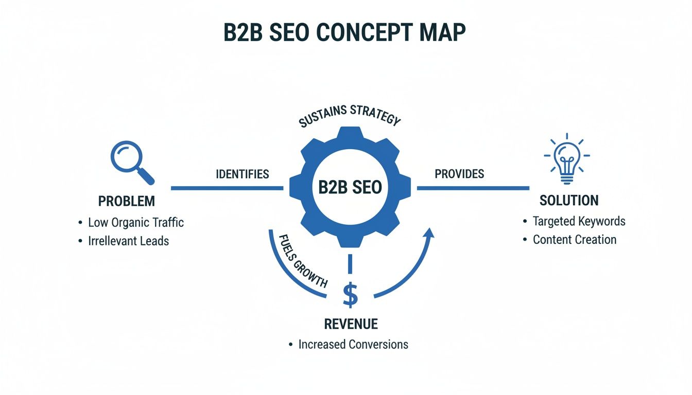 B2B SEO concept map showing how B2B SEO identifies problems, provides solutions, and fuels revenue growth.