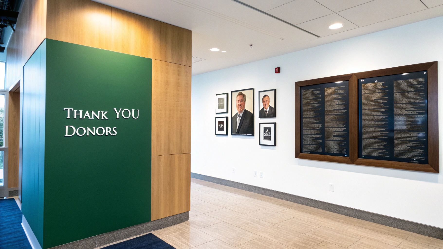 A modern hallway features a green wall with 'Thank You Donors' text, alongside portraits and recognition plaques.