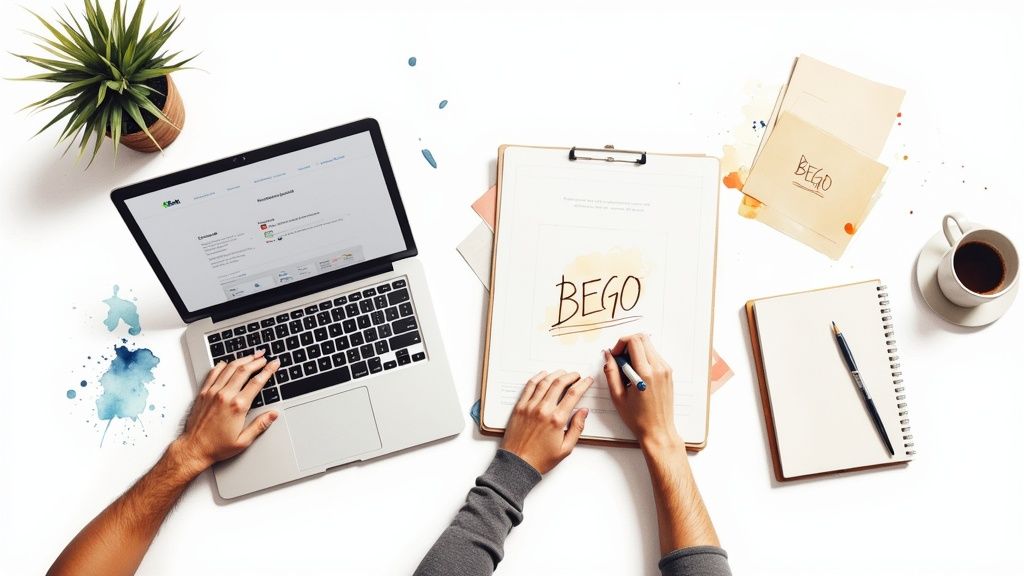 Person working on laptop and writing BEGIN on clipboard in creative workspace