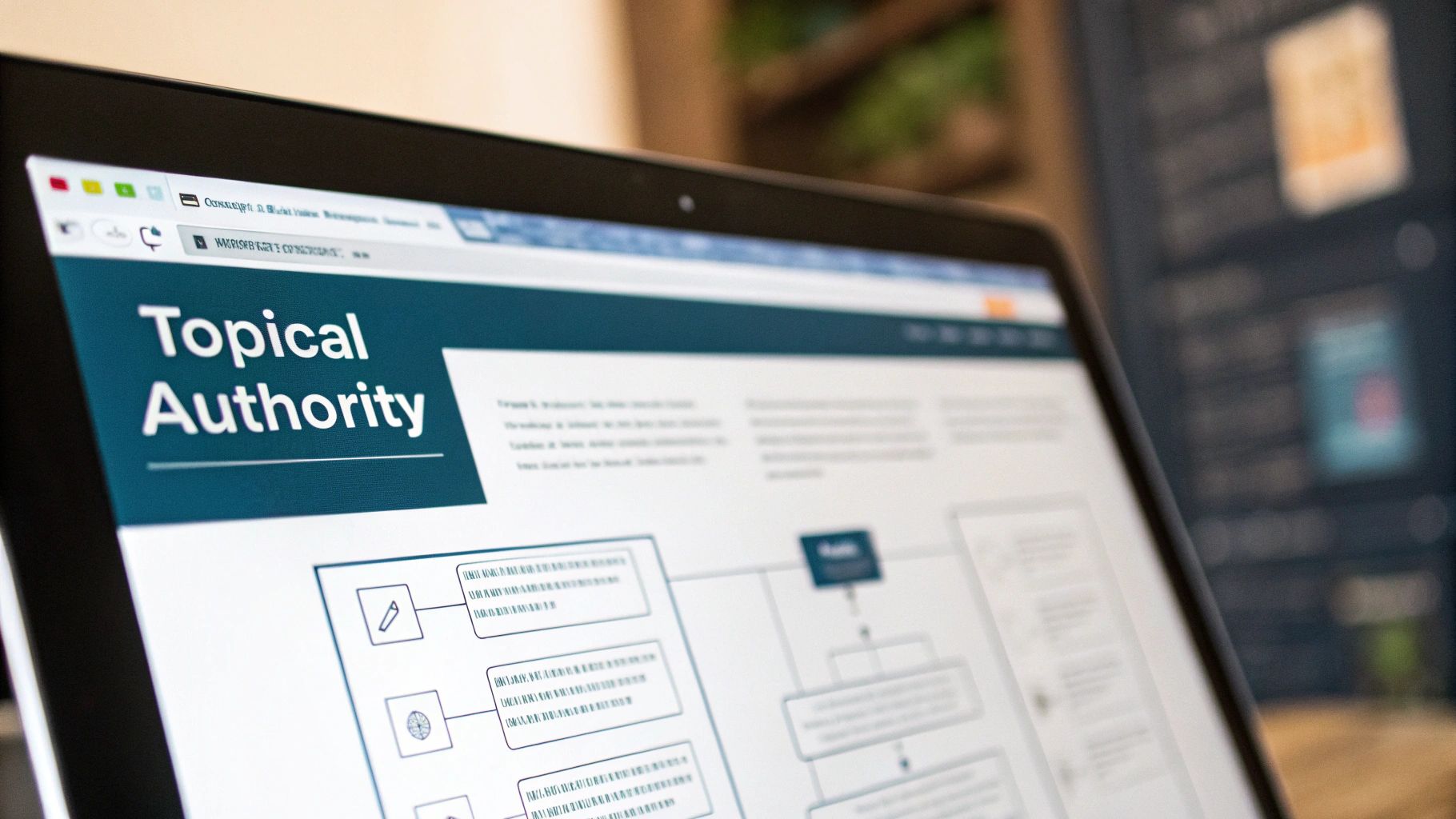 A close-up of a laptop screen displaying a webpage titled 'Topical Authority' with a flowchart diagram, suggesting SEO content strategy.