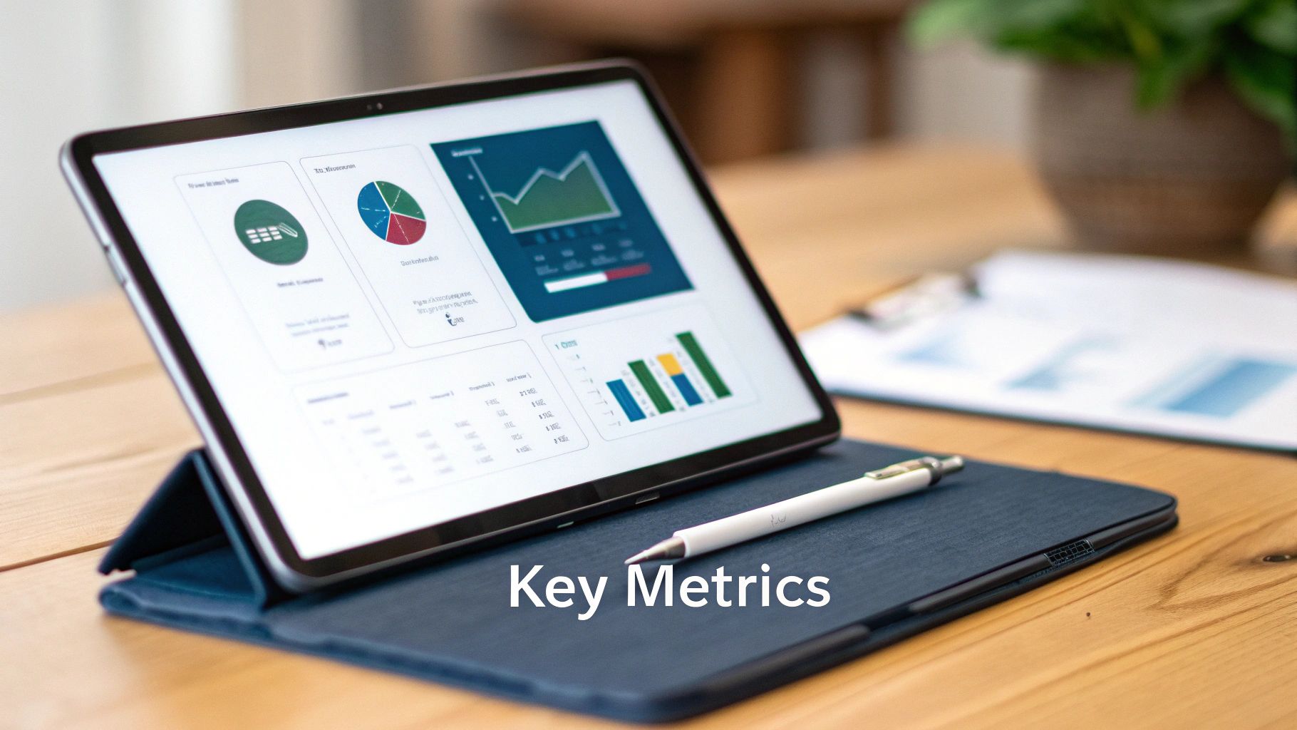 A tablet displaying a dashboard with key metrics, data visualizations, charts, and graphs on a wooden desk with a pen.