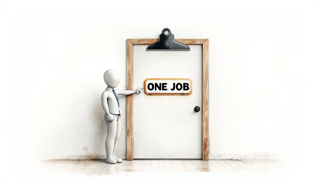 3D character pointing at door with one job sign representing single purpose focus