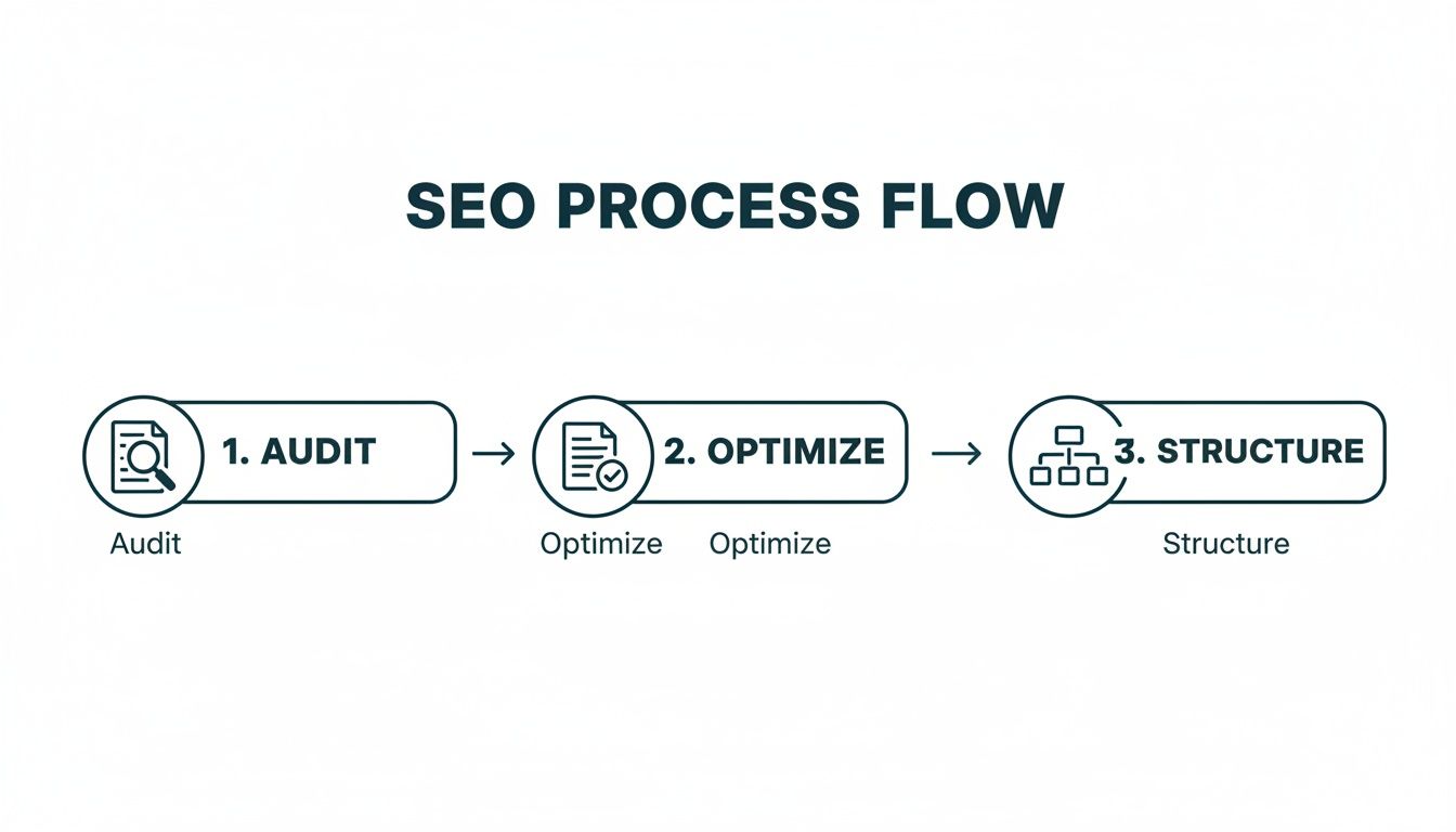 SEO process flow diagram illustrating three steps: 1. Audit, 2. Optimize, and 3. Structure.