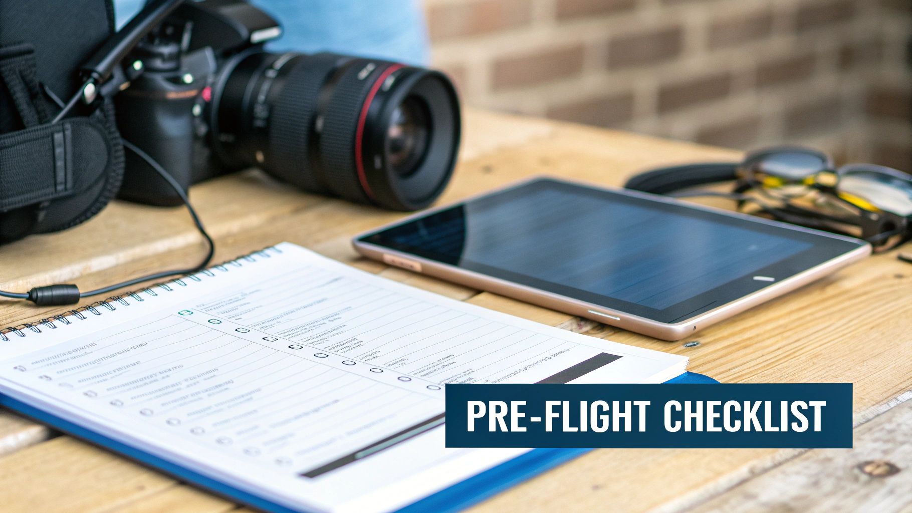 A pre-flight checklist notebook, camera, tablet, and sunglasses are arranged on a wooden table.