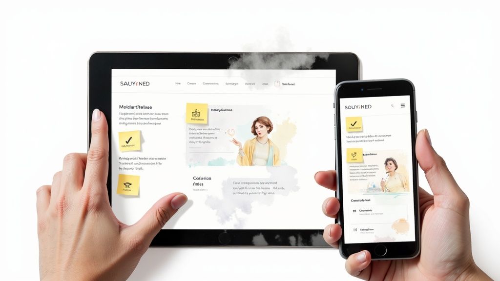 Hands interact with a tablet and a smartphone displaying a website with responsive design.