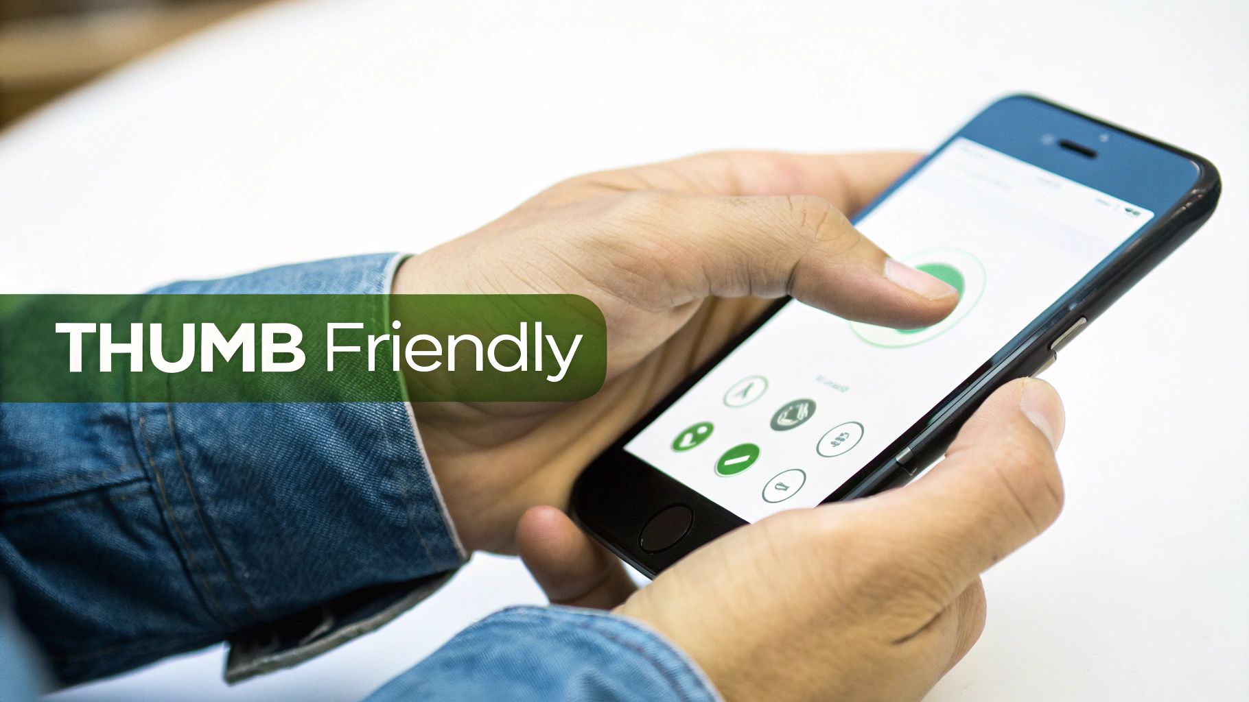 A hand holding a smartphone, with a thumb interacting with a mobile app's 'THUMB Friendly' interface.