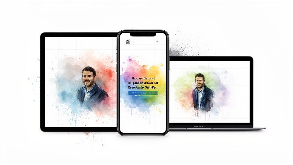 Responsive website design featuring a man's portrait with colorful watercolor splashes on tablet, phone, and laptop.
