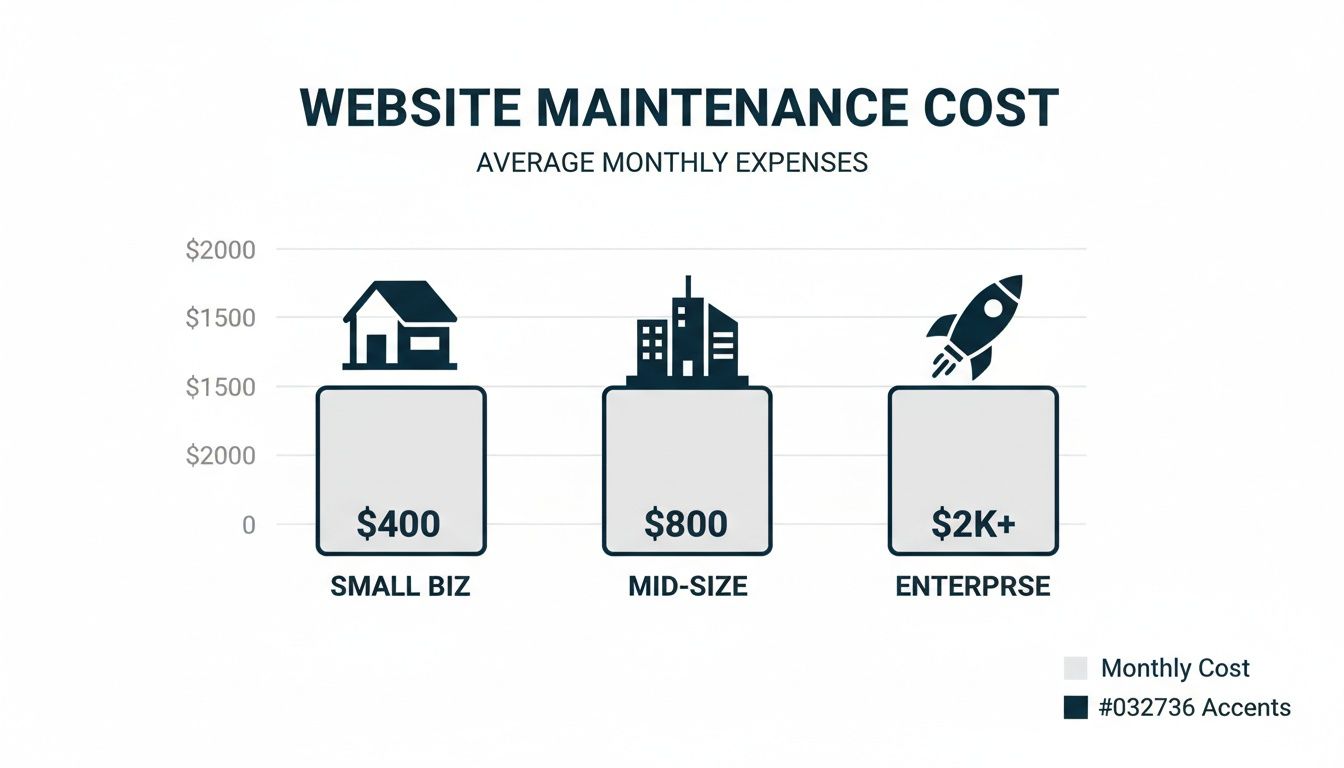 What's the Average Website Maintenance Cost for a Small Business 1 Infographic detailing average monthly website maintenance costs by business size: small ($400), mid-size ($800), enterprise ($2K+).