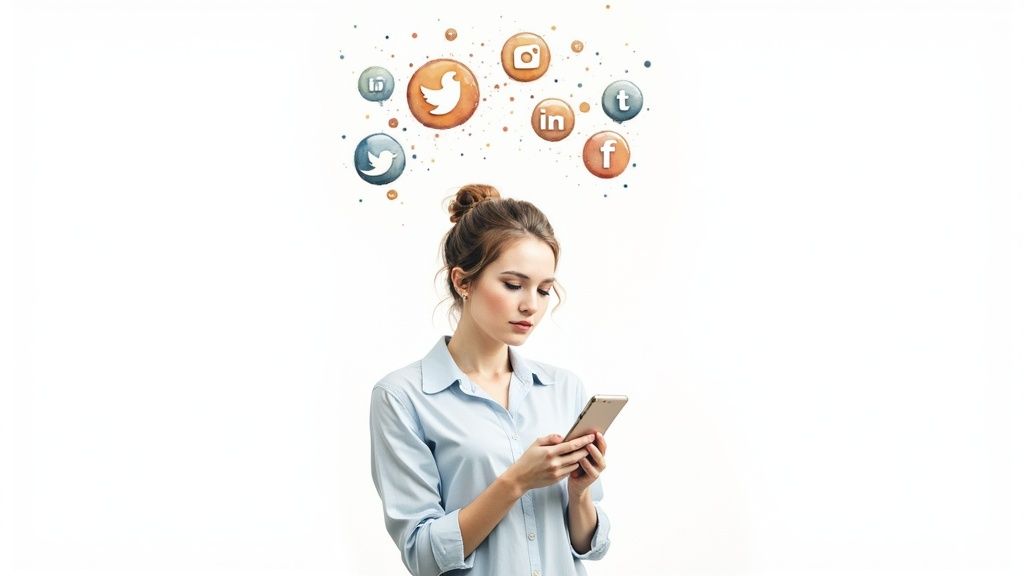 A person’s hand scrolling through a social media feed on a smartphone.