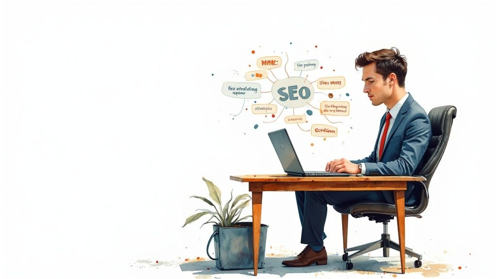 A laptop showing SEO analytics with a notepad and pen next to it.